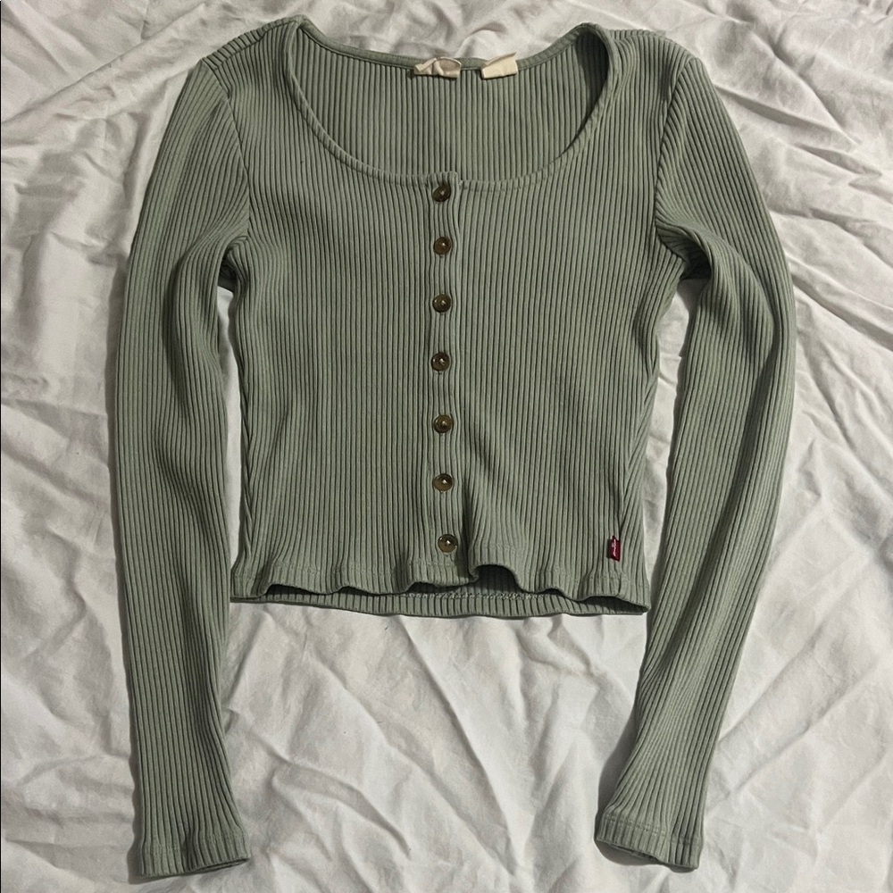 Levi’s Ribbed Sage Green Button-Up Crop Top